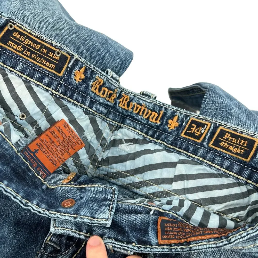 Men's Distressed Rock Revival Pruitt Straight Leg Blue Denim Jeans Embroidered